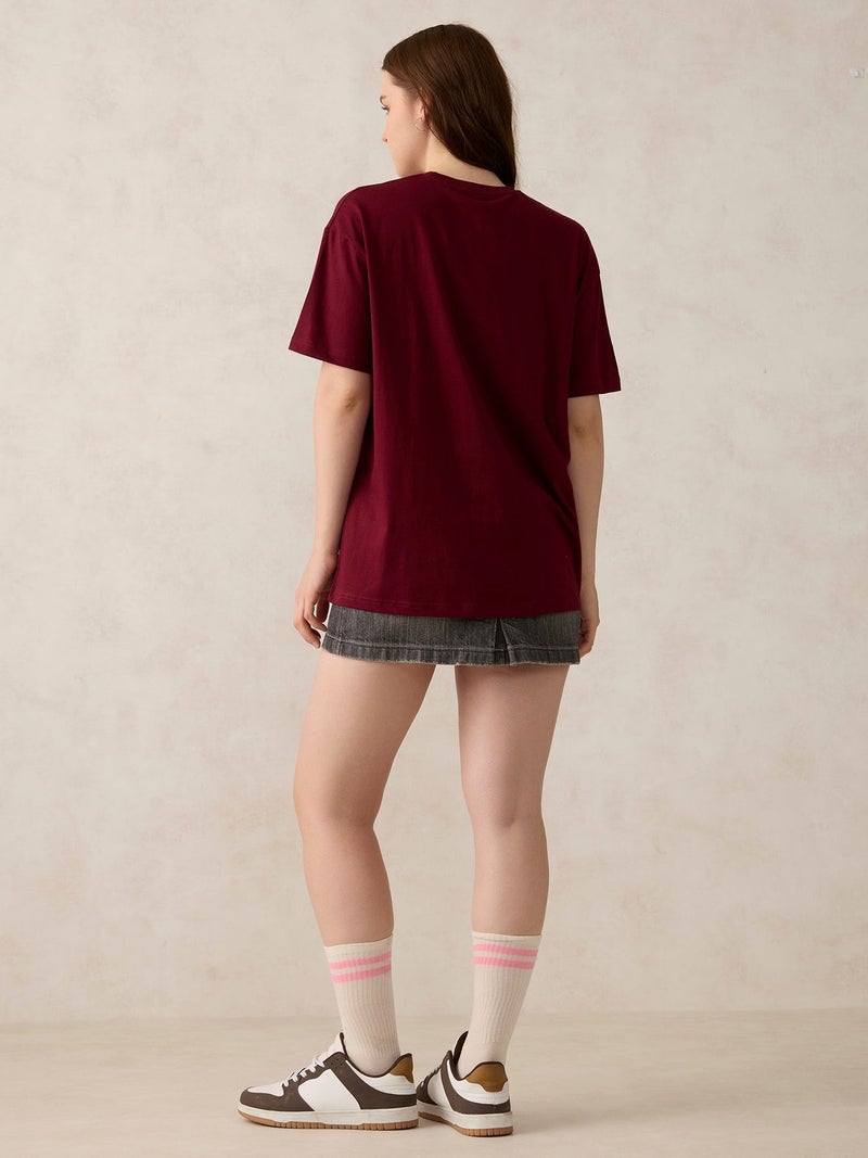 OUTZIDR Maroon Crew Neck Solid Oversized T-Shirt - Image 3