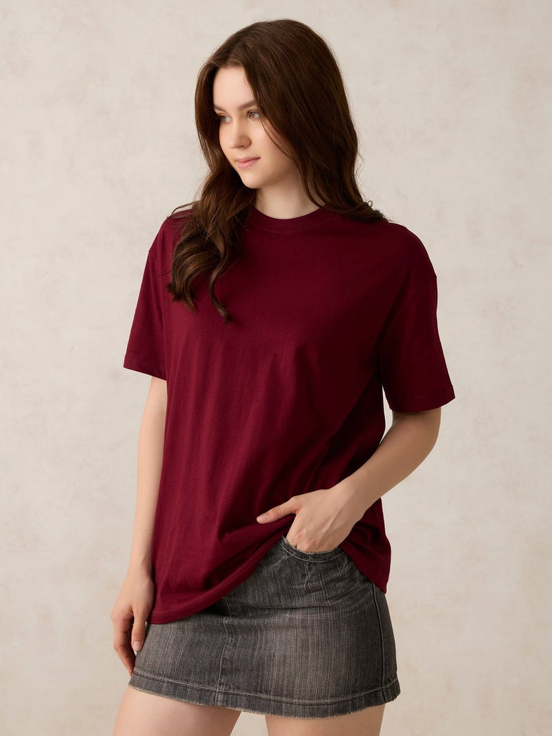 OUTZIDR Maroon Crew Neck Solid Oversized T-Shirt - Image 4