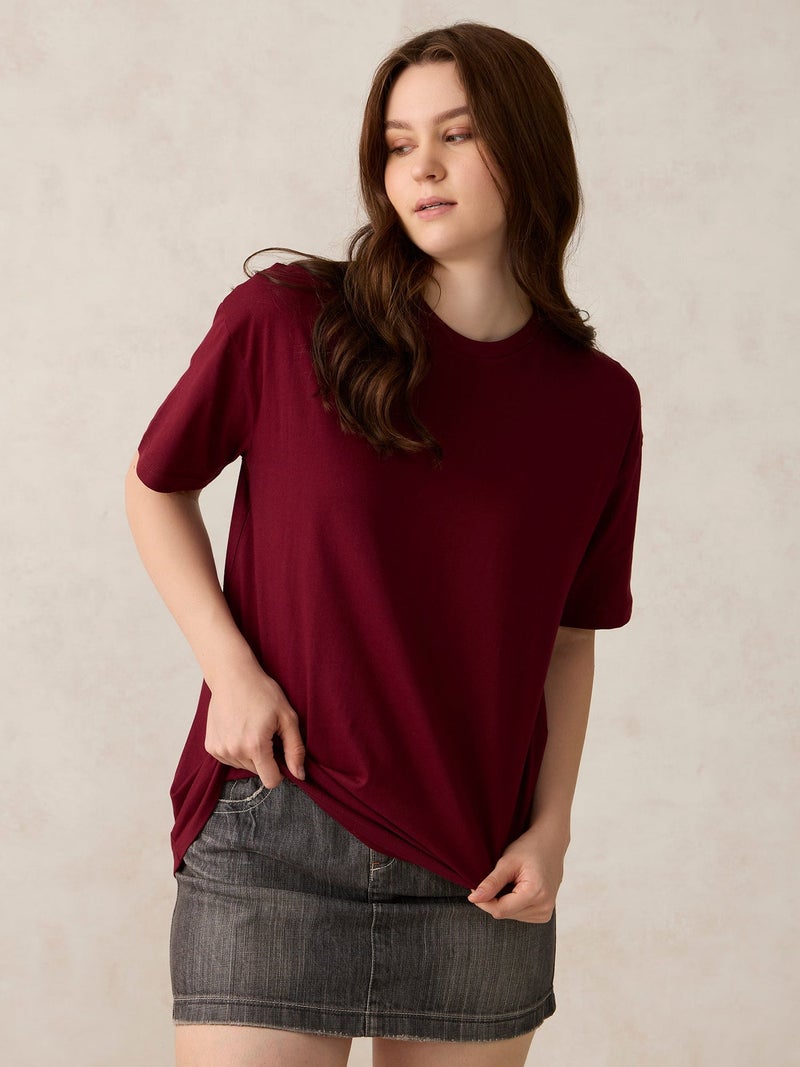OUTZIDR Maroon Crew Neck Solid Oversized T-Shirt - Image 5