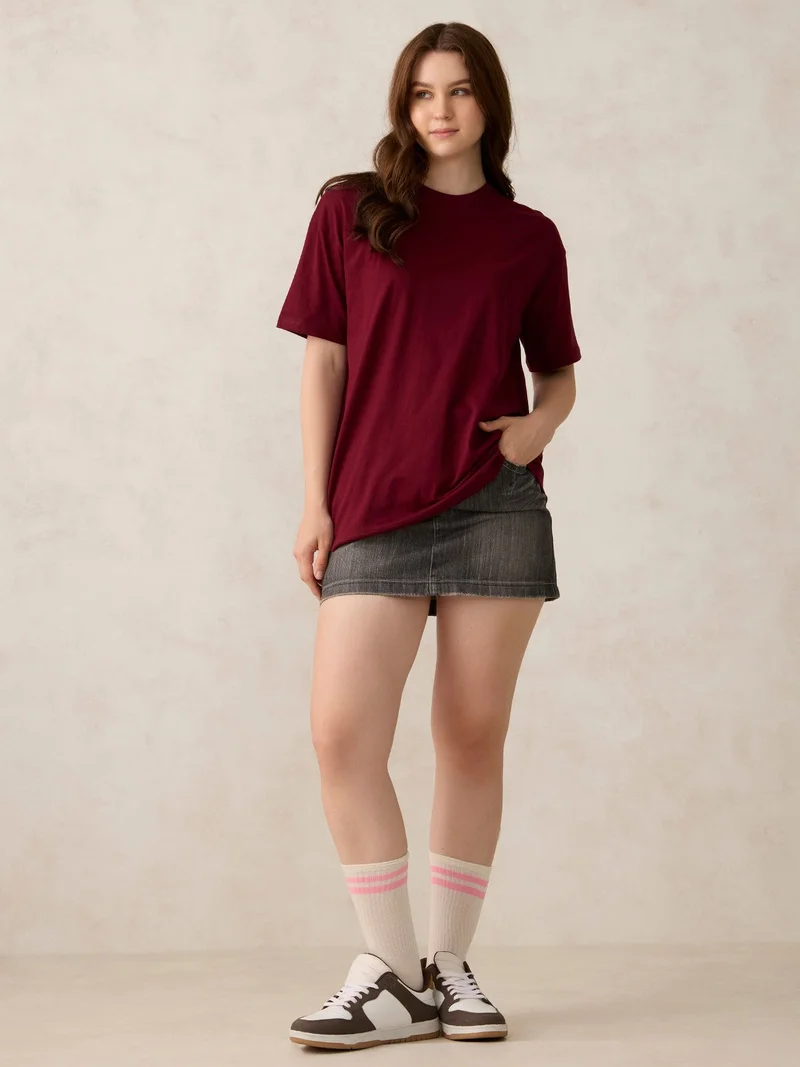 OUTZIDR Maroon Crew Neck Solid Oversized T-Shirt