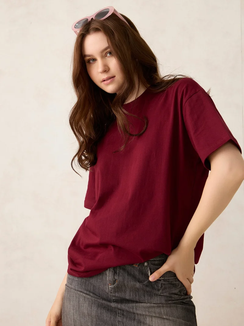 OUTZIDR Maroon Crew Neck Solid Oversized T-Shirt