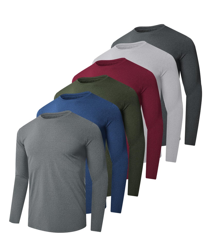 Kinglaman 6 Pack Men Dry Fit Workout Long Sleeve Athletic Gym UPF 50+ SPF UV Sun Protection Quick Dry Lightweight Shirts 1 Black 1 Drak Gray 1 Light Gray 1 Blue 1 Wine Red 1 Army Green Large - Image 1