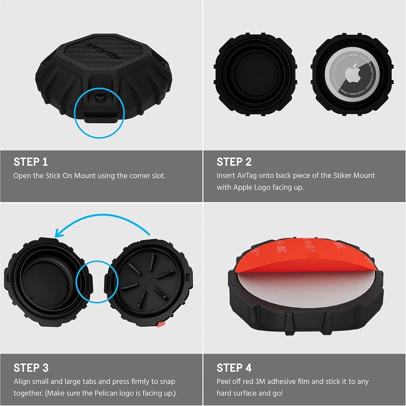 Pelican Marine - IP68 Waterproof AirTag Holder/Case w/ 3M Adhesive Sticker - Protective Shockproof Cover for Apple Air Tag - Hidden Stick On Mount for Bike Wallet Travel TV Remote Car Luggage -Black - Image 4