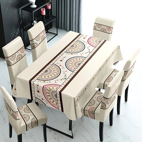 Styleys Dining Table Cover 6 Seater Waterproof with Chair Covers | Table Cover Cloth | Dining Table Cover Cloth Combo - 1 Table Cover + 6 Chair Cover, Cream Mandala Print, XKFSZB-10 - Image 1