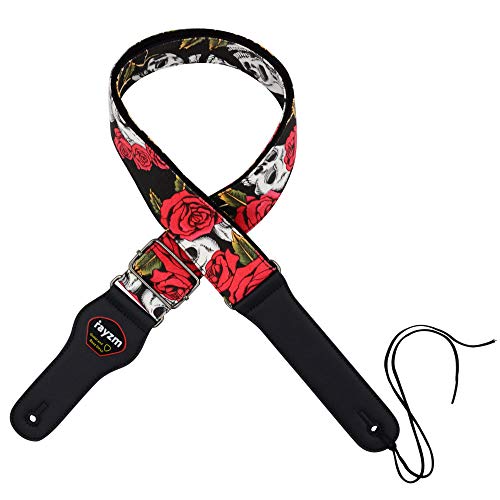 Rayzm Guitar Strap/Bass Strap, Cotton Belt for Acoustic/Electric/Bass Guitar with Plectrum Picks Pocket, Beautiful Rose with Cool Skull Pattern, 5cm Wide - Image 1
