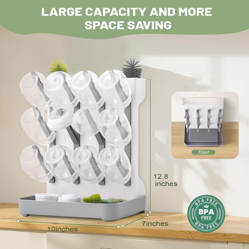 Hranio Baby Bottle Drying Rack Baby Bottle Organizer Drying Rack Space Saving Foldable Dish Can Dry Up to 12 Bottles Large Vertical for Infant Accessories  Pump Parts Gray - Image 3