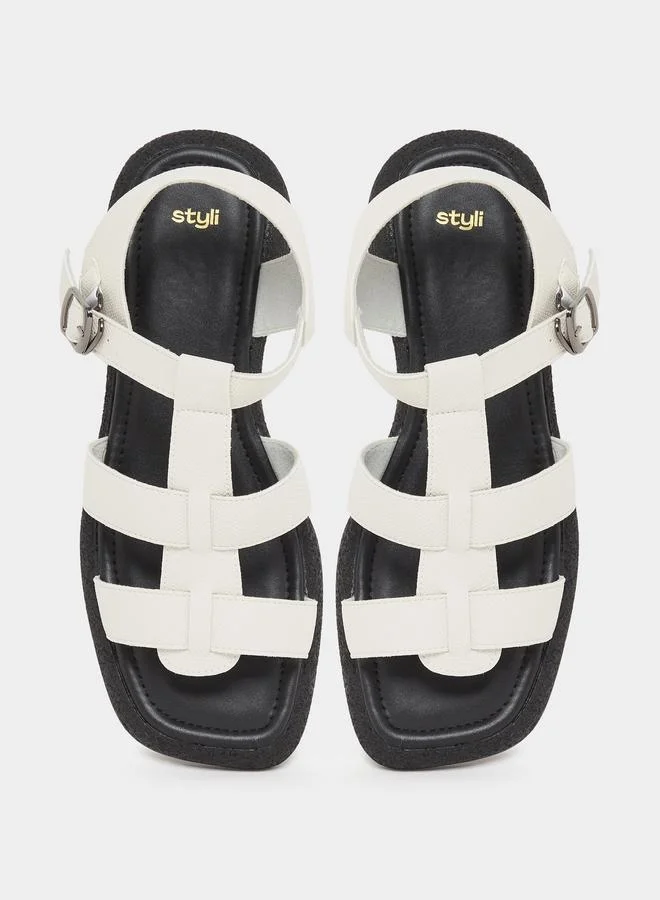 Styli White Buckle Ankle Strap Sandals