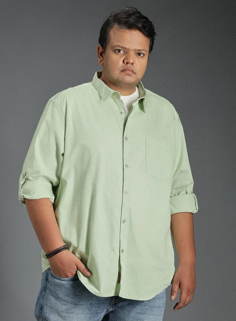 HIGH STAR Regular Fit Green Shirt for Men with Spread Collar, Solid Pattern