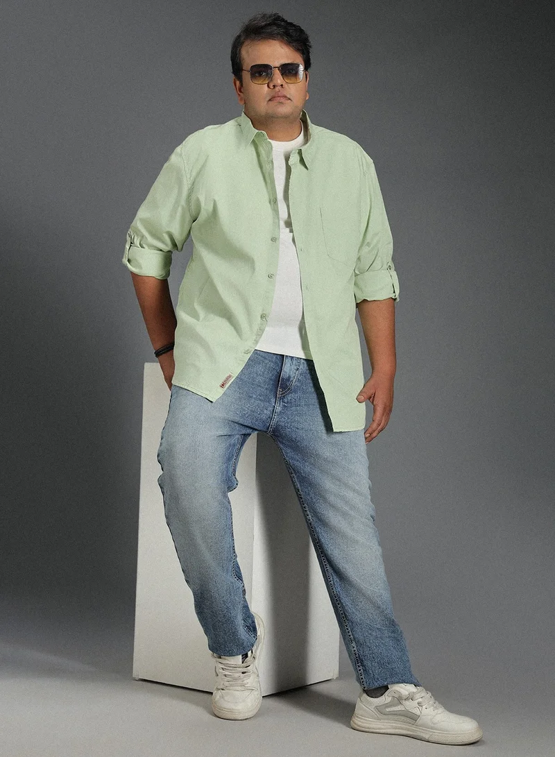 HIGH STAR Regular Fit Green Shirt for Men with Spread Collar, Solid Pattern