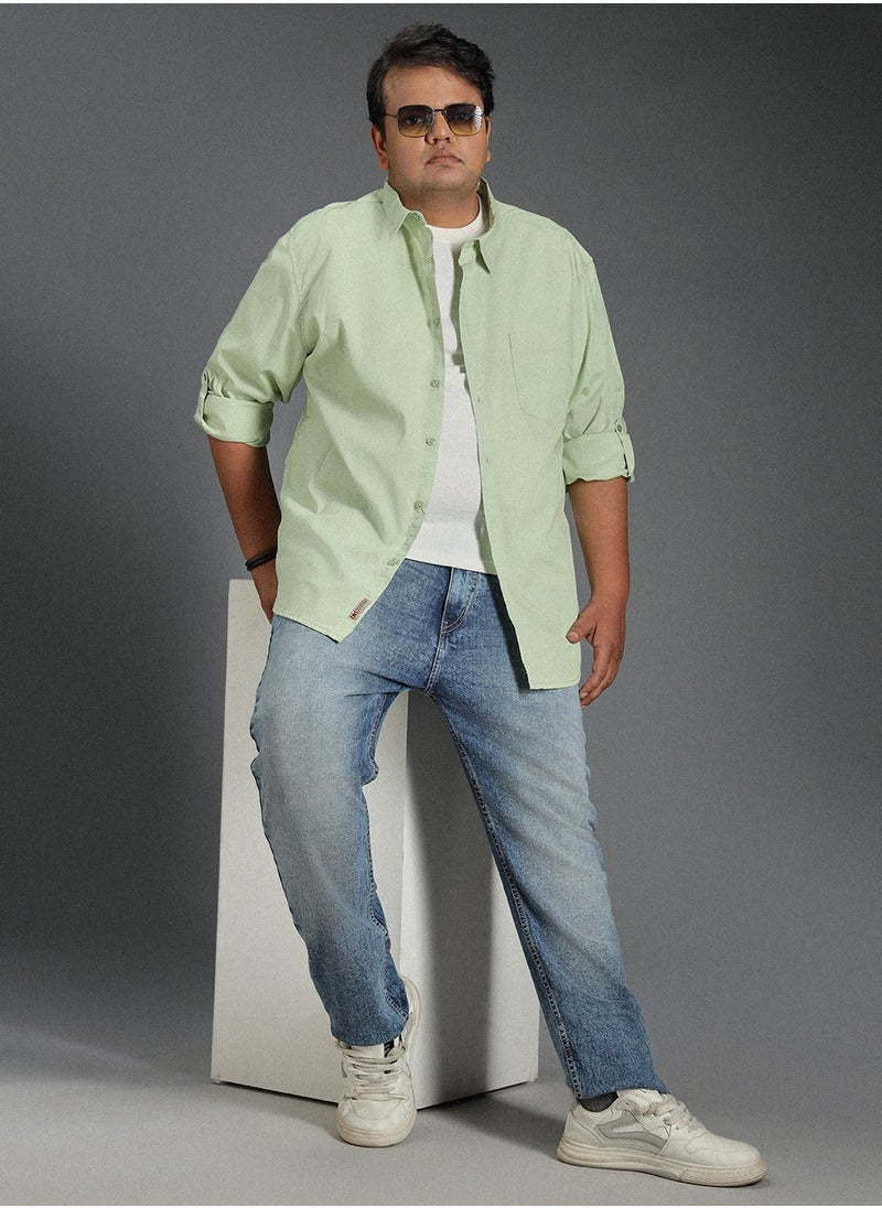 HIGH STAR - Regular Fit Green Shirt for Men with Spread Collar, Solid Pattern - Image 1