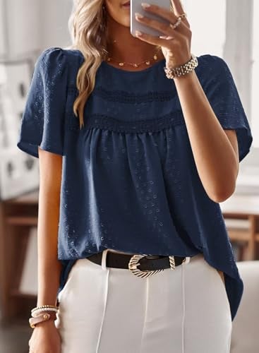 Falechay Summer Tops Womens 2025 Fashion Boho Tunic Tops for Women Crewneck Flowy Navy Blue Shirts Babydoll Pom Pom Short Sleeve Blouses Oversized L - Image 4