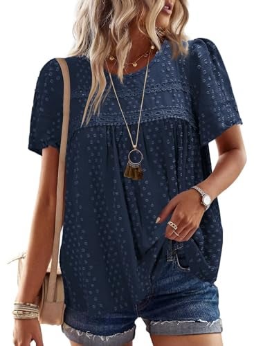Falechay Summer Tops Womens 2025 Fashion Boho Tunic Tops for Women Crewneck Flowy Navy Blue Shirts Babydoll Pom Pom Short Sleeve Blouses Oversized L - Image 1