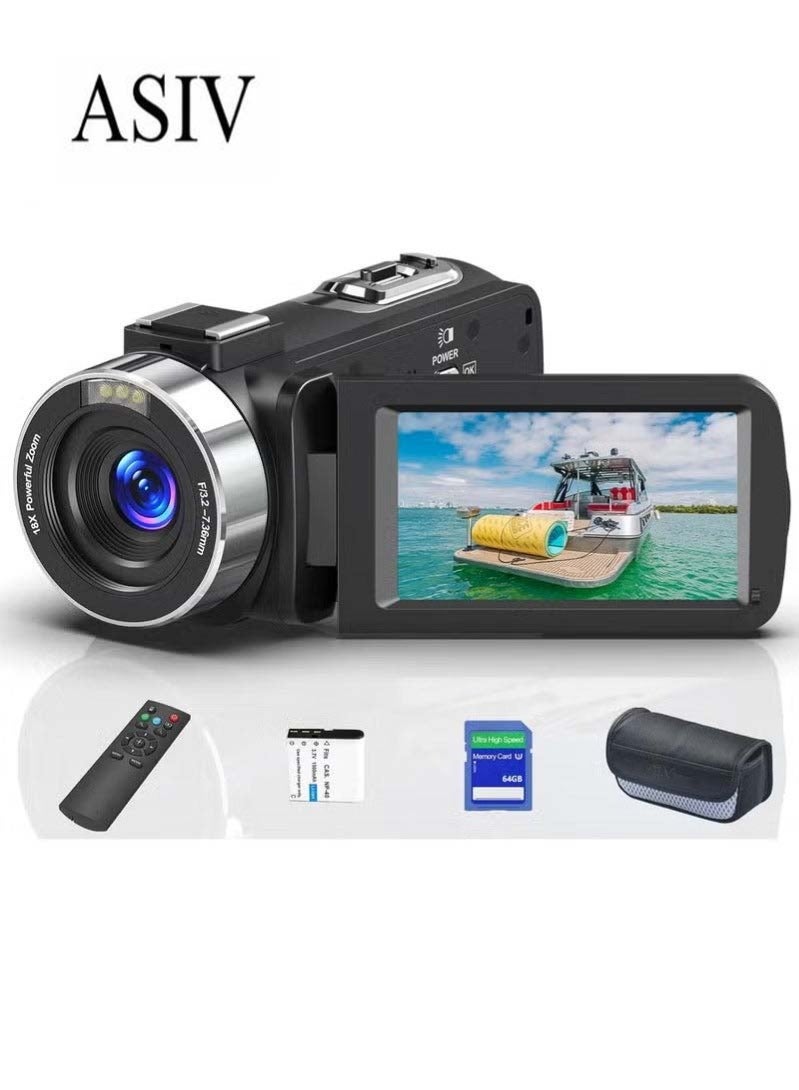 أسيف كاميرا رقمية بدقة 64 ميجابكسل 8K - زوم 18x، شاشة قابلة للتدوير بحجم 3.0 بوصة، كاميرا لتدوين الفيديو، اتصال Wi-Fi، مزودة ببطاقة SD سعة 64 جيجابايت وجهاز تحكم عن بعد بتردد 2.4GHz. - Image 1