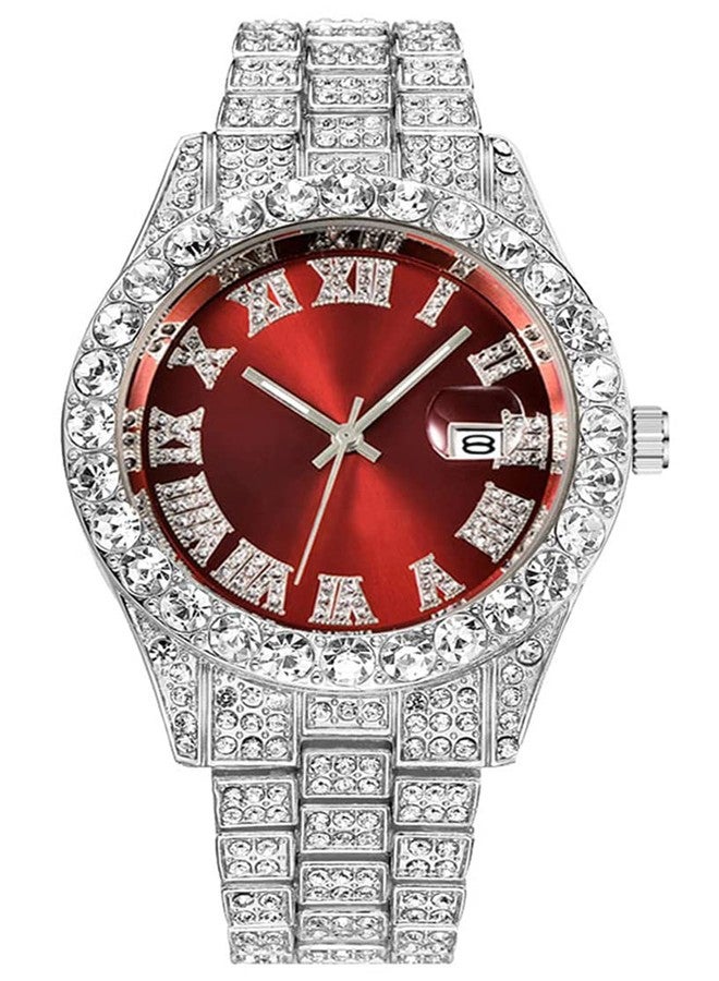 BESTKANG Unisex Luxury Iced Out Watch Mens Diamond Watches Roman Numerals Watches Quartz Analog Wrist Watch, Silver Red - Image 4