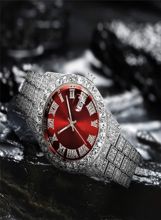 BESTKANG Unisex Luxury Iced Out Watch Mens Diamond Watches Roman Numerals Watches Quartz Analog Wrist Watch, Silver Red - Image 3