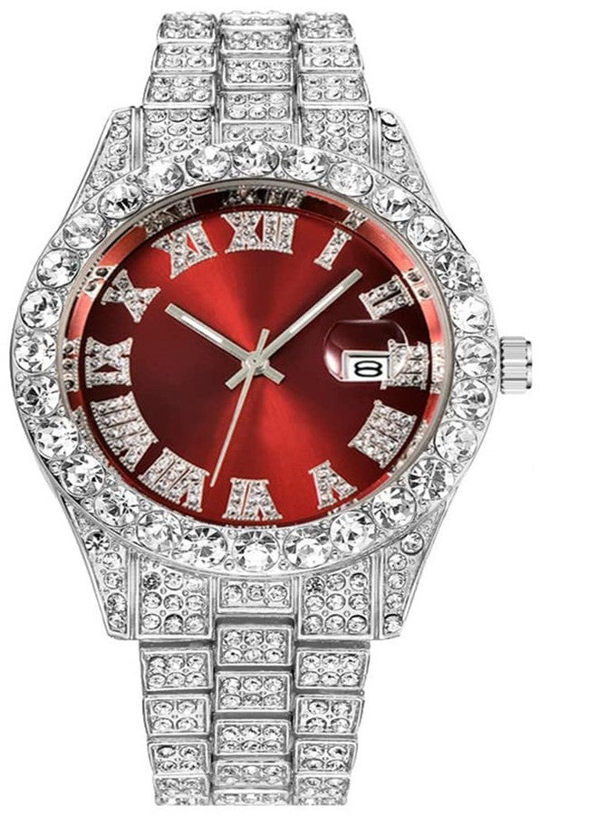 BESTKANG Unisex Luxury Iced Out Watch Mens Diamond Watches Roman Numerals Watches Quartz Analog Wrist Watch, Silver Red - Image 1