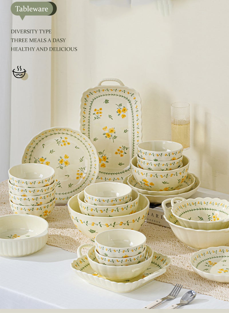 آي كي طقم عشاء سيراميك من 20 قطعة - سلسلة الزهور | بورسلين سميك بتقنية الألوان تحت التزجيج | مقاوم للانزلاق وسهل التنظيف | آمن للاستخدام في الميكروويف والفرن | أبيض كريمي بنقشة زهور صفراء | هدية أنيقة للمائدة اليومية - Image 1