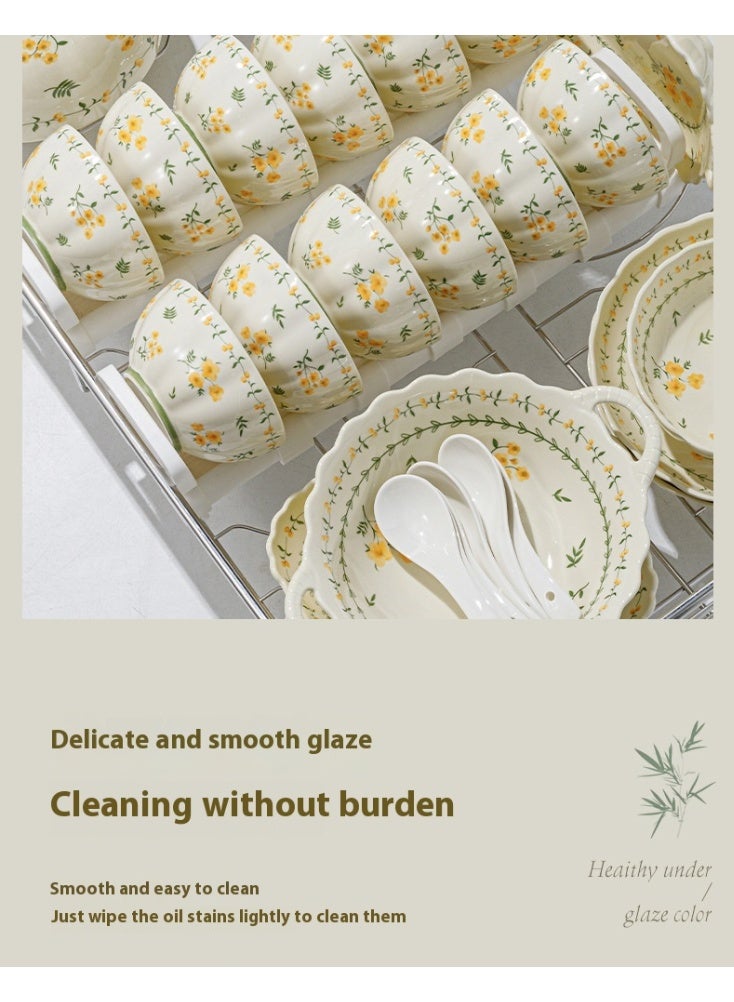 آي كي طقم عشاء سيراميك من 20 قطعة - سلسلة الزهور | بورسلين سميك بتقنية الألوان تحت التزجيج | مقاوم للانزلاق وسهل التنظيف | آمن للاستخدام في الميكروويف والفرن | أبيض كريمي بنقشة زهور صفراء | هدية أنيقة للمائدة اليومية - Image 4