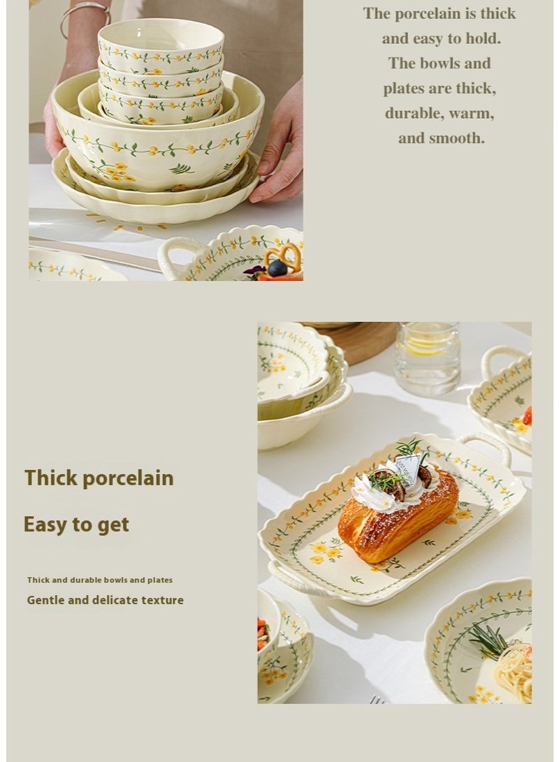 آي كي طقم عشاء سيراميك من 20 قطعة - سلسلة الزهور | بورسلين سميك بتقنية الألوان تحت التزجيج | مقاوم للانزلاق وسهل التنظيف | آمن للاستخدام في الميكروويف والفرن | أبيض كريمي بنقشة زهور صفراء | هدية أنيقة للمائدة اليومية - Image 3