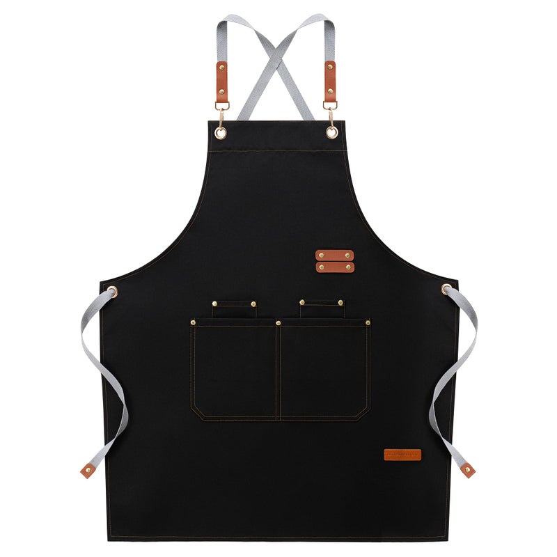 LOYGLIF Chef Aprons for Men Women with Large Pockets Cotton Canvas Cross Back Adjustable Cooking Kitchen Work Waterproof Bib Apron Black