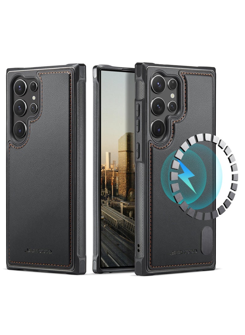 JEEHOOD Phone Case cover Luxury PU Leather Back Cover Cover Magnetic Wireless Charging Compatible with  Samsung Galaxy S25 Ultra (Black)
