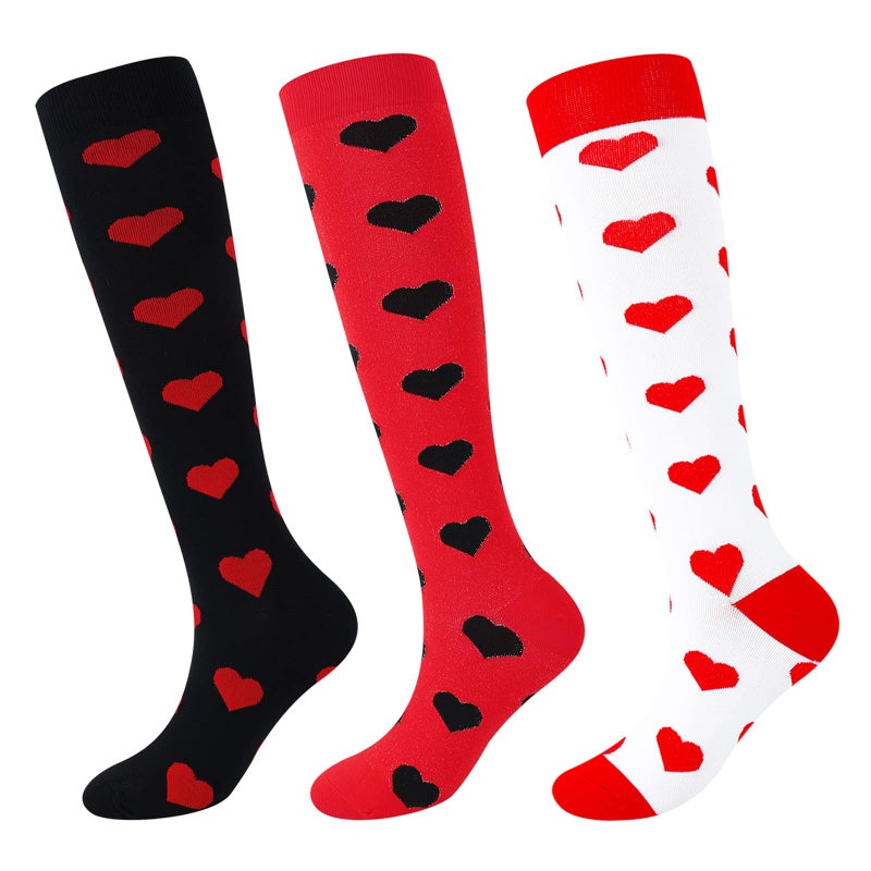 Junely Valentines Day Compression Socks for Women Knee High Heart Socks for Valentine Running Athletic Nurses Pregnant Women Work Support Travel Flight Sports Red White Black - Image 1
