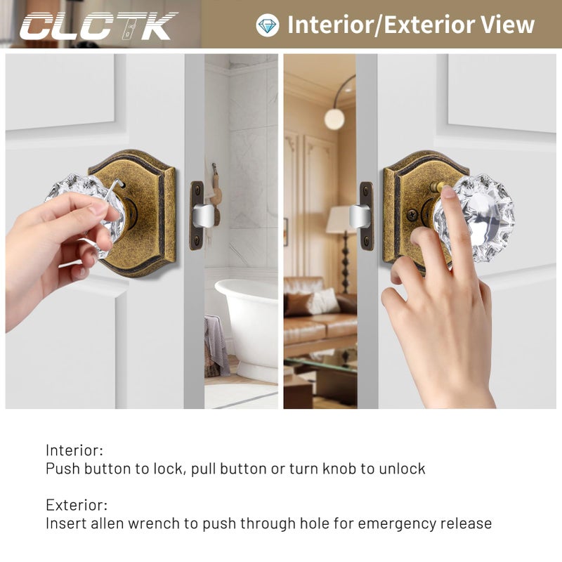CLCTK Glass Door Knobs Interior with Lock, Vintage Crystal Privacy Antique Brass Door Knobs for Bedroom Bathroom, 1 Pack - Image 3