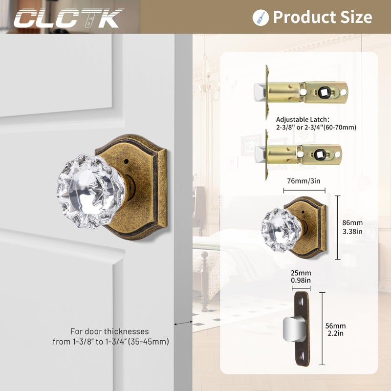 CLCTK Glass Door Knobs Interior with Lock, Vintage Crystal Privacy Antique Brass Door Knobs for Bedroom Bathroom, 1 Pack - Image 5