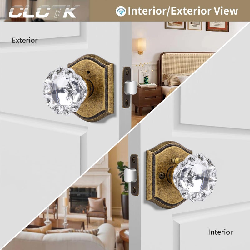 CLCTK Glass Door Knobs Interior with Lock, Vintage Crystal Privacy Antique Brass Door Knobs for Bedroom Bathroom, 1 Pack - Image 2