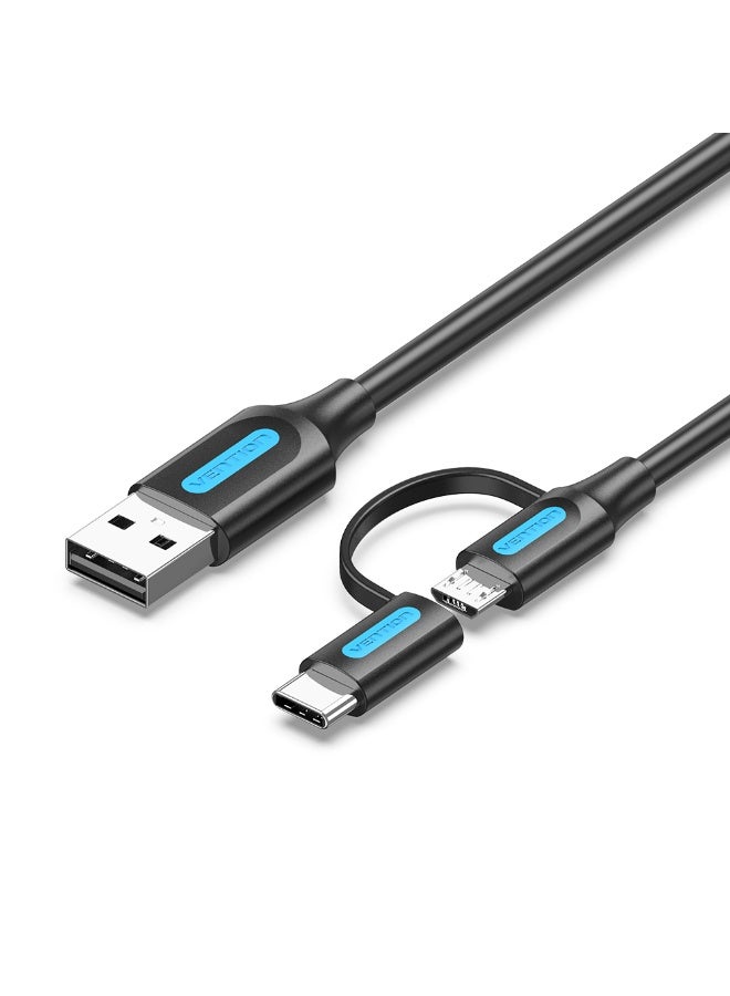 VENTION USB 2.0 A Male to 2-in-1 Micro-B&USB-C Male Cable 0.25M Black PVC Type Model # CQDBC - Image 1