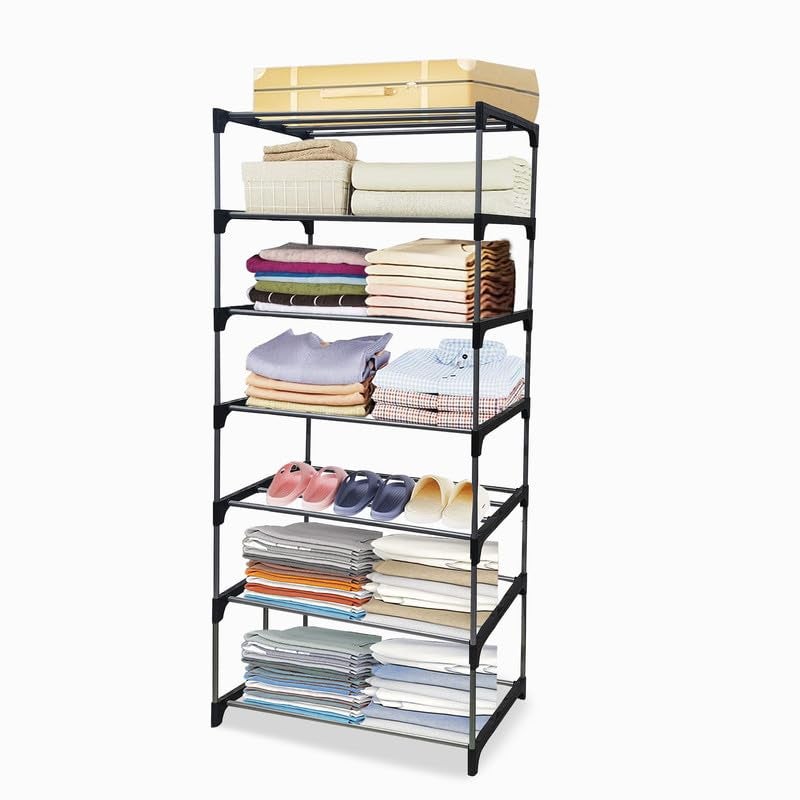 PHILOSHOP 7 Layer Wardrobe Black Metal Pipe & Plastic Connector Space-Saver Collapsible Wardrobe Maximize Your Space with Style - Image 1