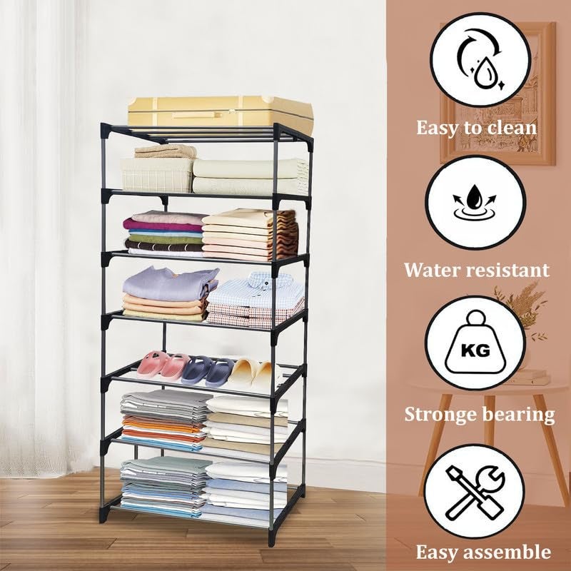 PHILOSHOP 7 Layer Wardrobe Black Metal Pipe & Plastic Connector Space-Saver Collapsible Wardrobe Maximize Your Space with Style - Image 2