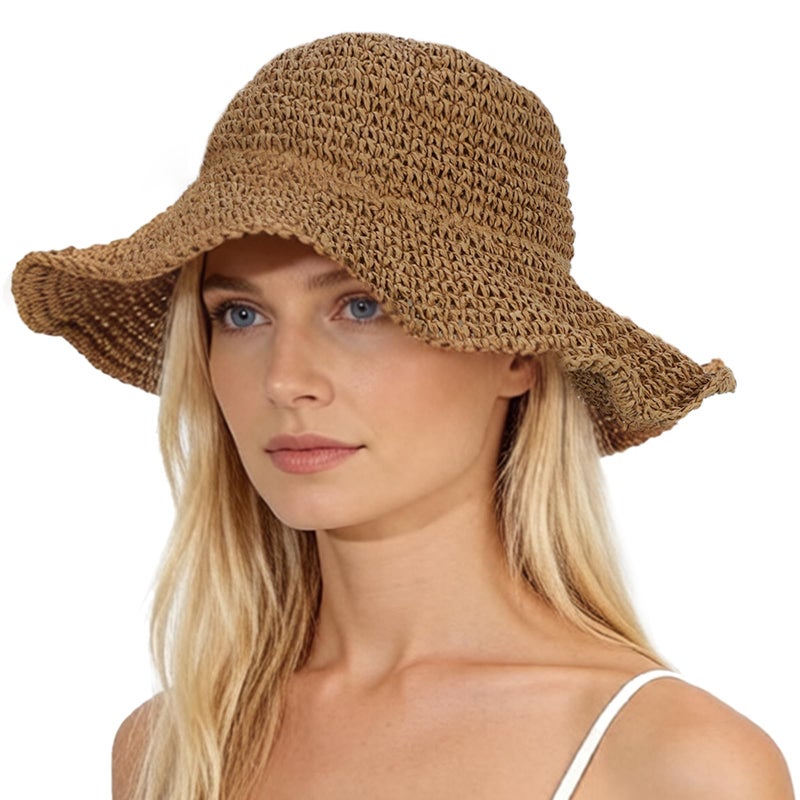 Oweisong Sun Hats for Women Wide Brim Floppy Beach Hats Packable Boho Crochet Straw Hat for Summer Vacation Travel Khaki - Image 1