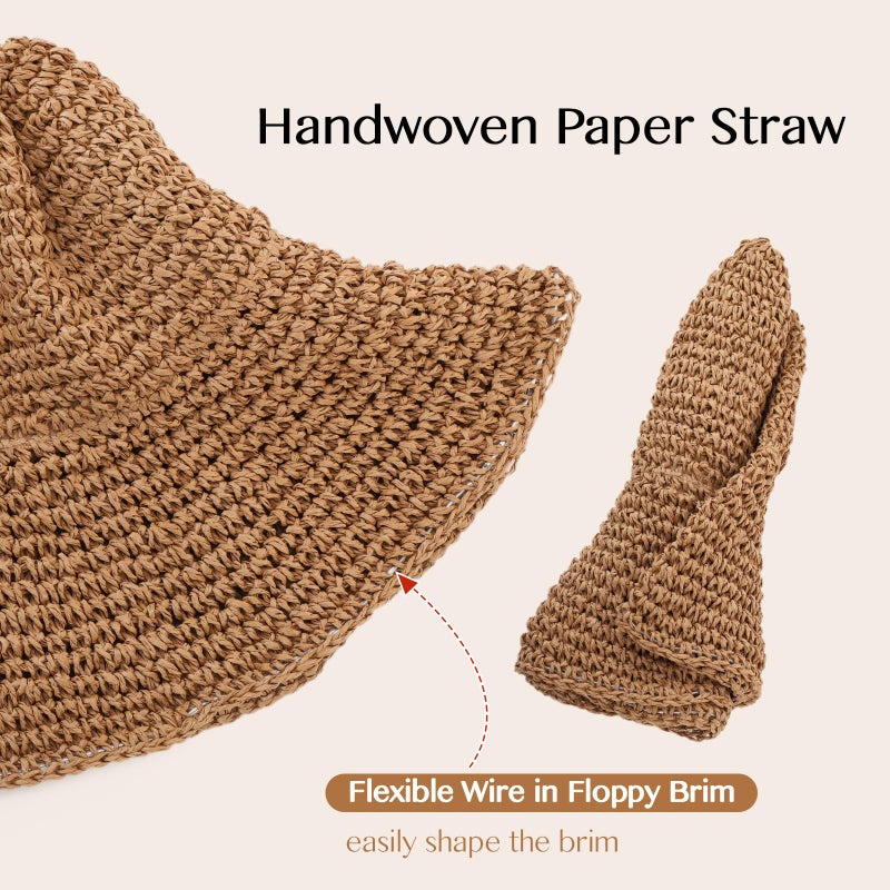 Oweisong Sun Hats for Women Wide Brim Floppy Beach Hats Packable Boho Crochet Straw Hat for Summer Vacation Travel Khaki - Image 4