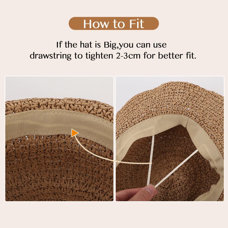 Oweisong Sun Hats for Women Wide Brim Floppy Beach Hats Packable Boho Crochet Straw Hat for Summer Vacation Travel Khaki - Image 3