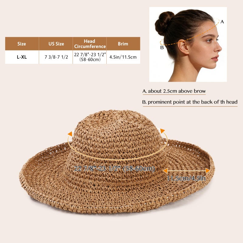 Oweisong Sun Hats for Women Wide Brim Floppy Beach Hats Packable Boho Crochet Straw Hat for Summer Vacation Travel Khaki - Image 2