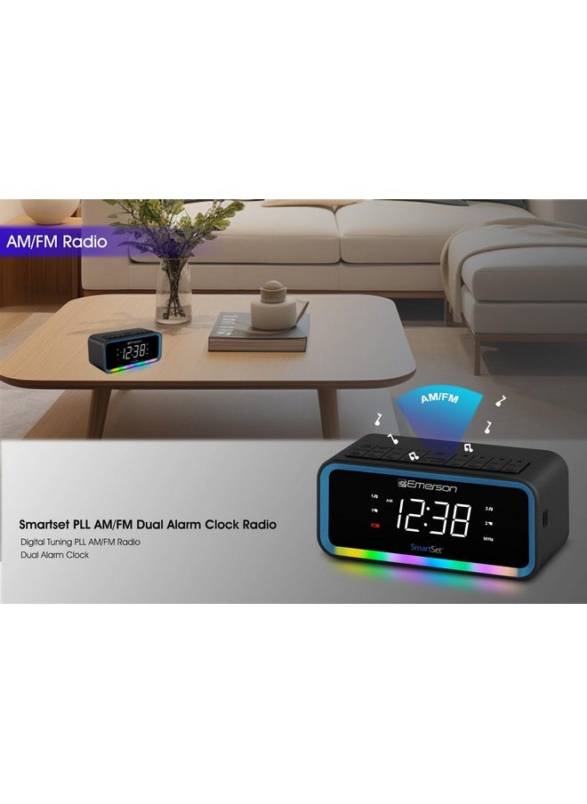 Cks1401 Smartset Am/Fm Dual Alarm Clock Radio With 0.9” White Led Display With 4-Level Dimmer Control, Usb-C Charging, And 2-Level Multi-Color Led Decor