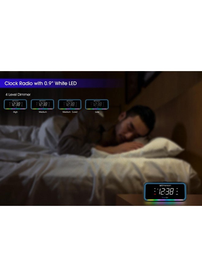 Cks1401 Smartset Am/Fm Dual Alarm Clock Radio With 0.9” White Led Display With 4-Level Dimmer Control, Usb-C Charging, And 2-Level Multi-Color Led Decor
