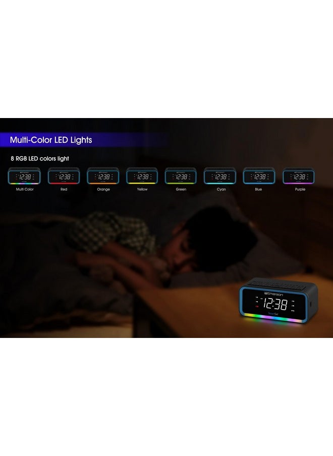 Cks1401 Smartset Am/Fm Dual Alarm Clock Radio With 0.9” White Led Display With 4-Level Dimmer Control, Usb-C Charging, And 2-Level Multi-Color Led Decor