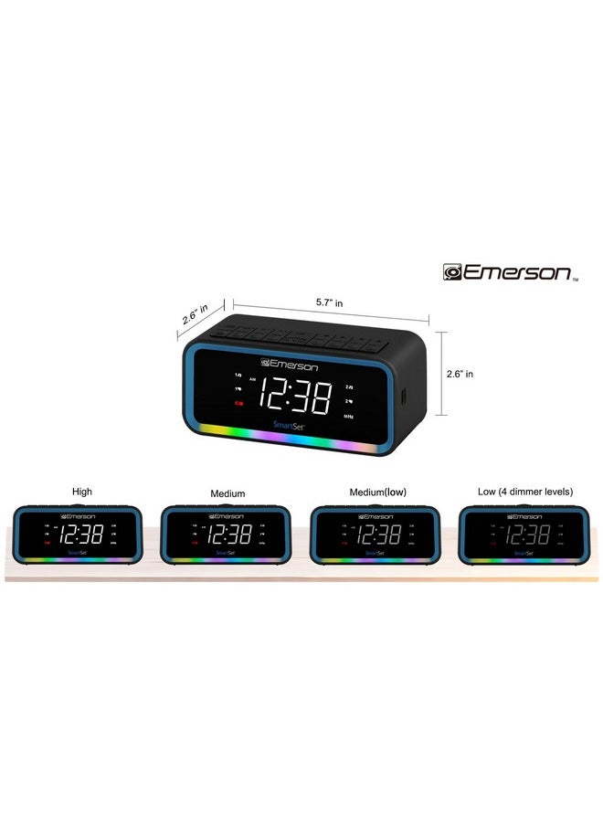 Cks1401 Smartset Am/Fm Dual Alarm Clock Radio With 0.9” White Led Display With 4-Level Dimmer Control, Usb-C Charging, And 2-Level Multi-Color Led Decor