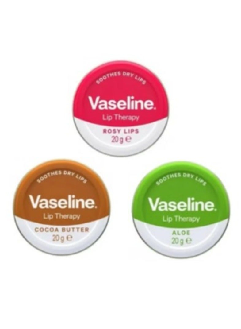 فازلين مجموعة مرطب الشفاه من فازلين 3 × 20 جرام (شفاه وردية، زبدة الكاكاو، الصبار) مع حقيبة أورجانزا برباط من جلامينو