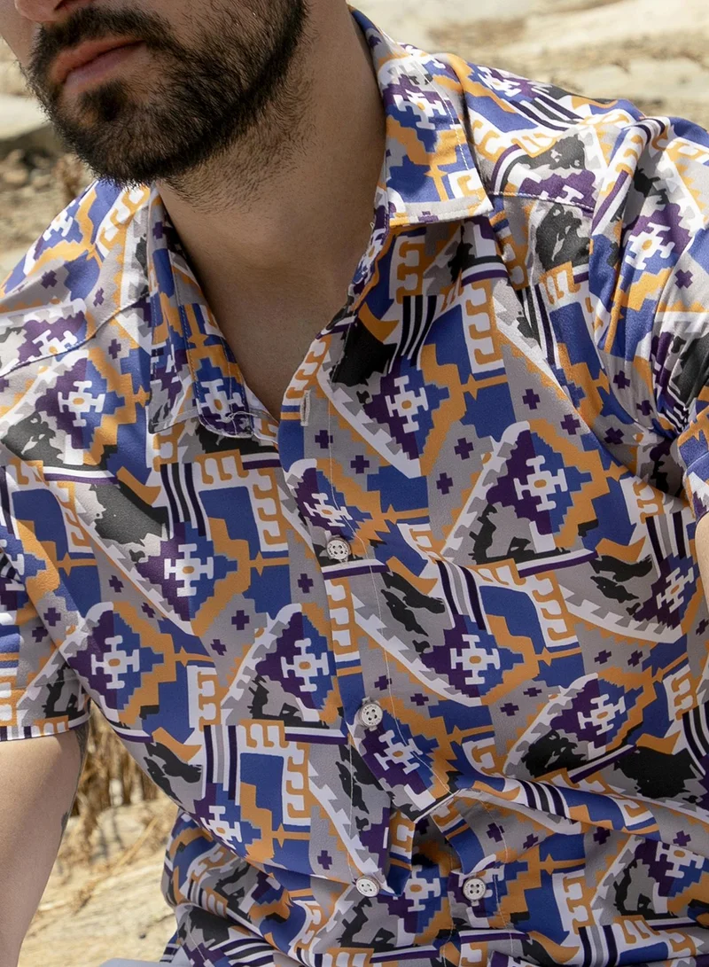 Campus Sutra Men's Sienna Brown & Indigo Blue Bohemian Shirt