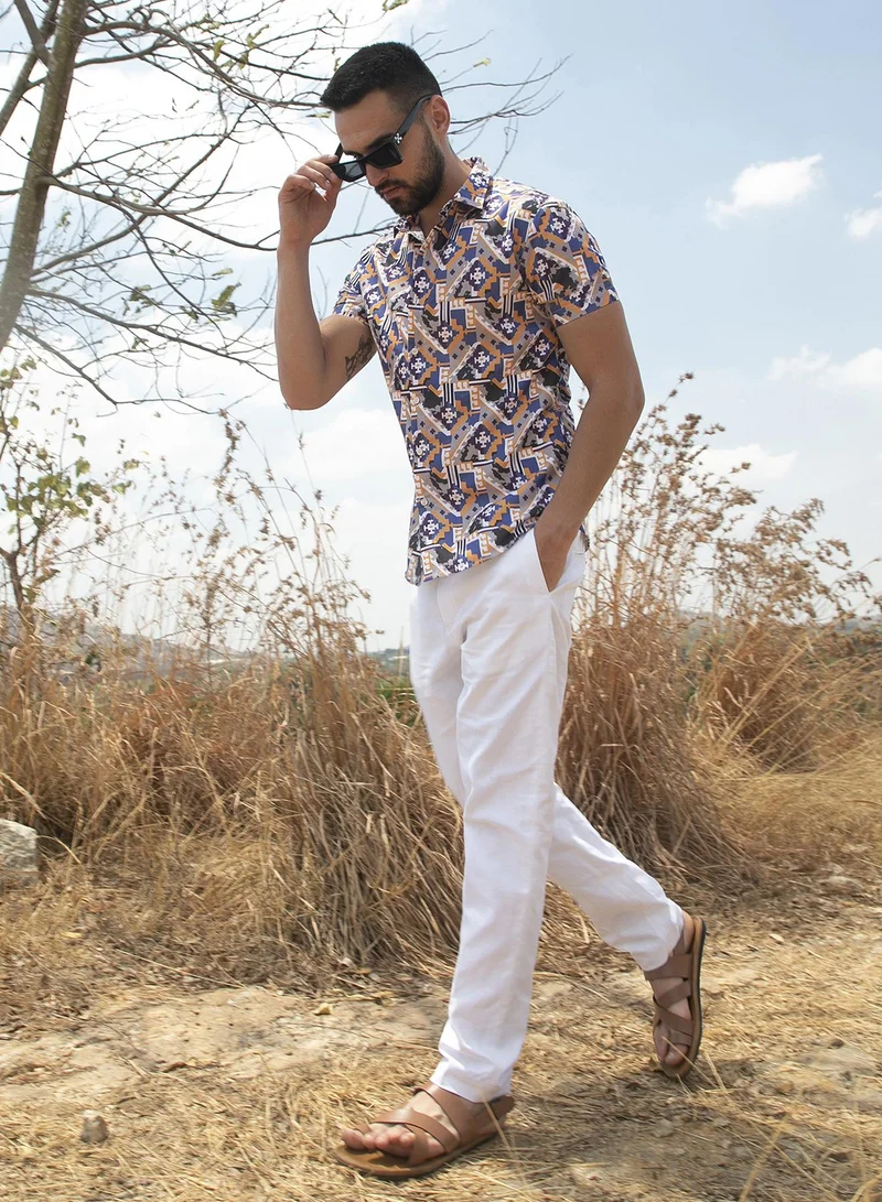 Campus Sutra Men's Sienna Brown & Indigo Blue Bohemian Shirt