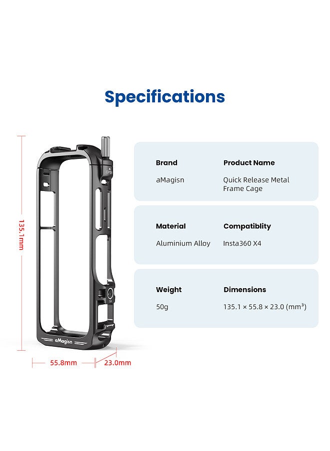 aMagisn Panoramic Camera Video Cage Dual Cold Shoe Mounts with Silicone Lens Cap Metal Protective Frame Camera Cage Compatible with Insta360 X4 Vlog Accessories, Magnetic Quick Release Mount Version  - Image 2