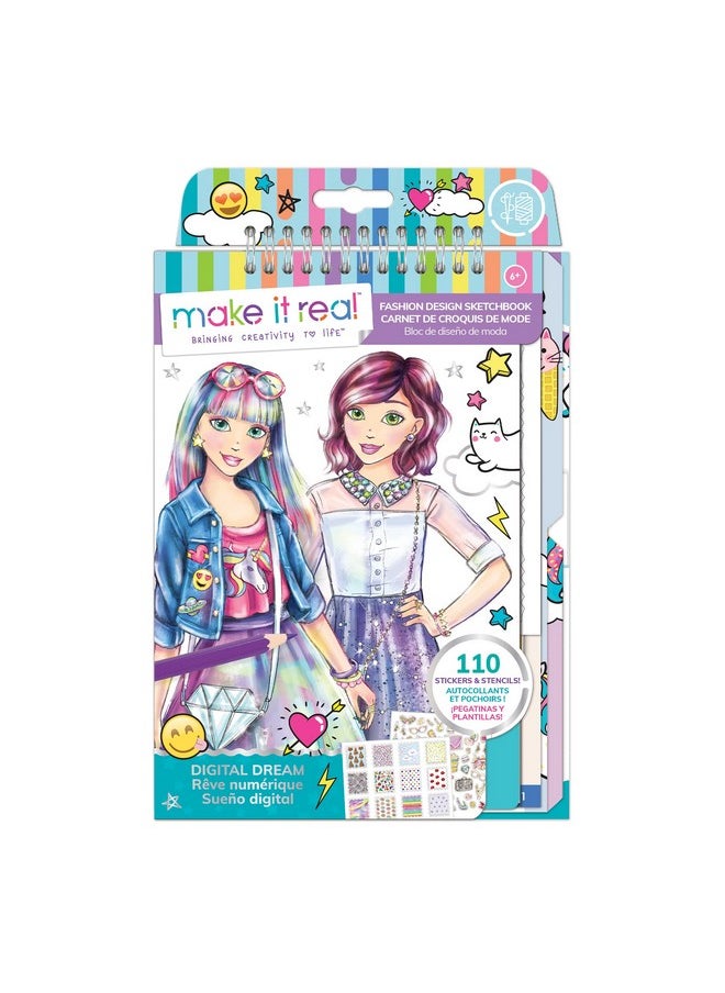 Make It Real Make It Real Fashion Design Sketchbook for Girls - Digital Dream Kit with 110 Stickers, Stencils, Design Guide - Emoji & Food Inspired Fashion, Creative Gift Kids Ages 6+, Develops Real-World Skills  - Image 1