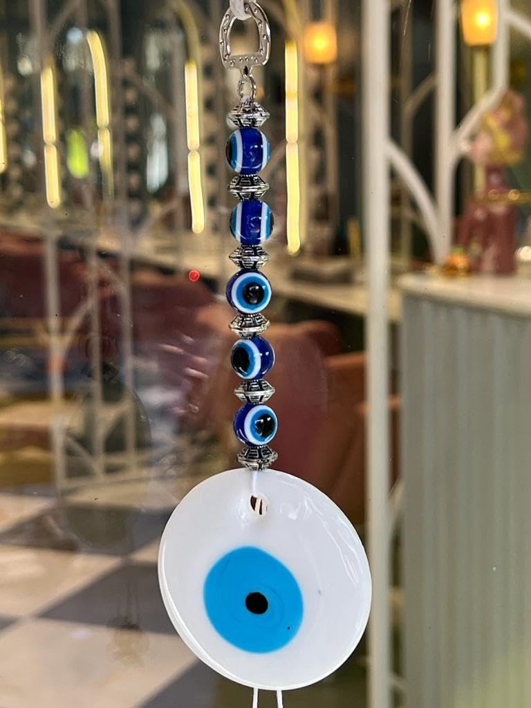 BLUE BEADS Turkish Feng Shui Vastu Blue Glass Evil Eye Hanging/Door Hanging Nazar Batu for Protection and Good Luck - Perfect for Gifting Home or Office (White Evil Eye) - Image 3