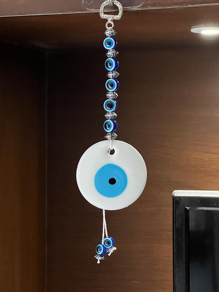 BLUE BEADS Turkish Feng Shui Vastu Blue Glass Evil Eye Hanging/Door Hanging Nazar Batu for Protection and Good Luck - Perfect for Gifting Home or Office (White Evil Eye) - Image 2