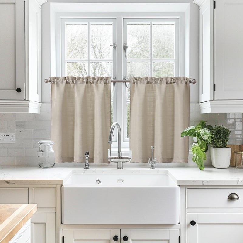 Chyhomenyc 24 Inch Length Tier Curtains, Faux Linen Textured Light Filtering Short Small Cafe Curtains for RV Camper Bathroom Window, 30x24 Inch, 2PCS, Moon Beige - Image 3
