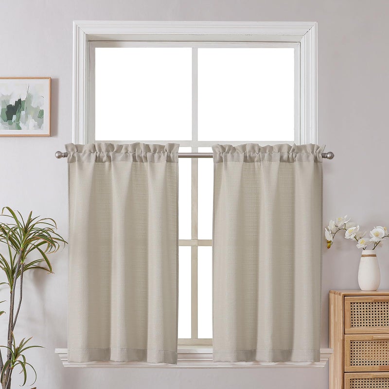 Chyhomenyc 24 Inch Length Tier Curtains, Faux Linen Textured Light Filtering Short Small Cafe Curtains for RV Camper Bathroom Window, 30x24 Inch, 2PCS, Moon Beige - Image 1