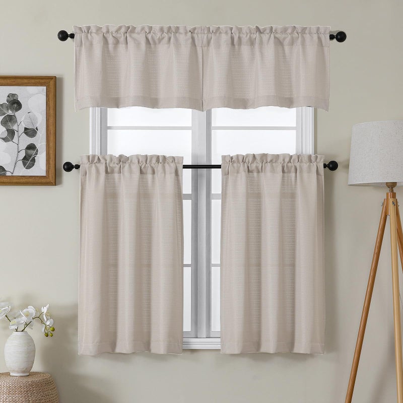 Chyhomenyc 24 Inch Length Tier Curtains, Faux Linen Textured Light Filtering Short Small Cafe Curtains for RV Camper Bathroom Window, 30x24 Inch, 2PCS, Moon Beige - Image 2